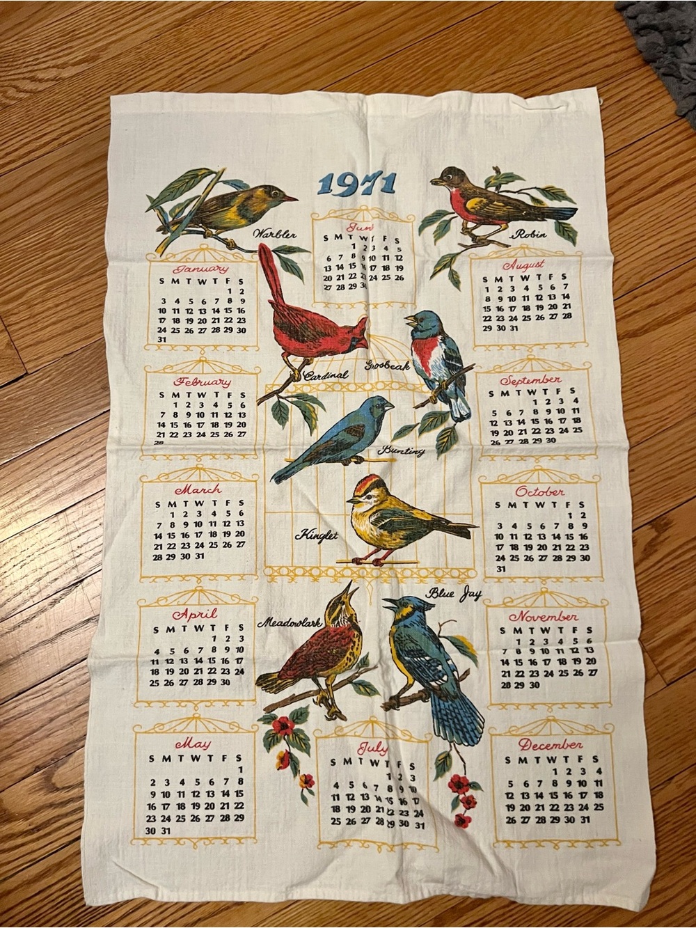 1971 Bird Calendar Kitchen Towel - Colorful Songbirds